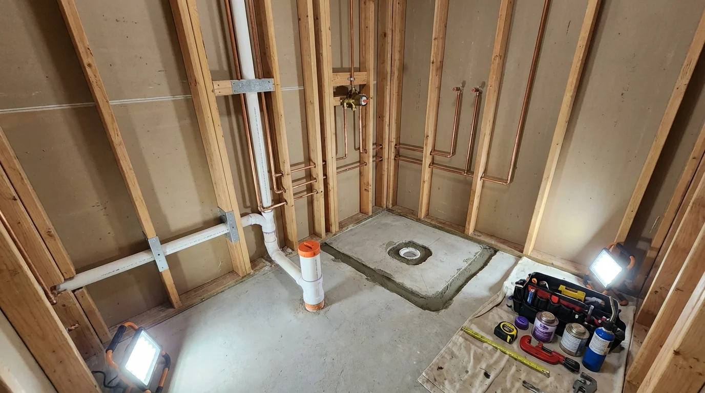 Bathroom rough-in plumbing during remodel by Johns Plumbing LLC in Bowdon