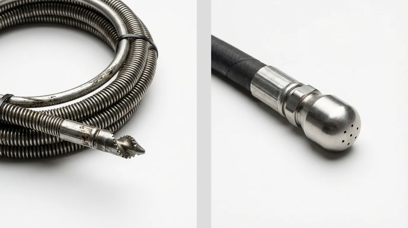 Drain snake cable and hydro jetting nozzle used for drain cleaning in Bowdon, GA