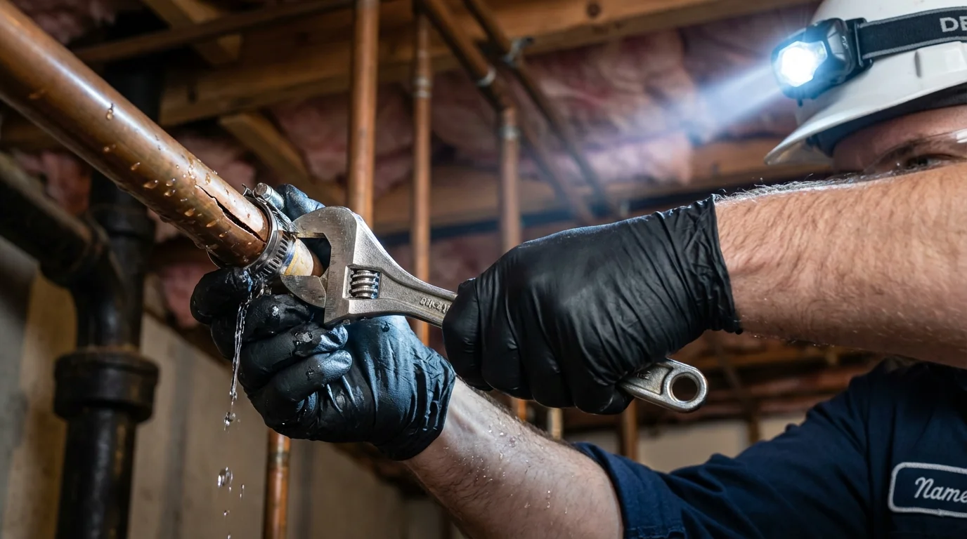 Emergency pipe clamp repair being performed by a Johns Plumbing LLC plumber in Bowdon