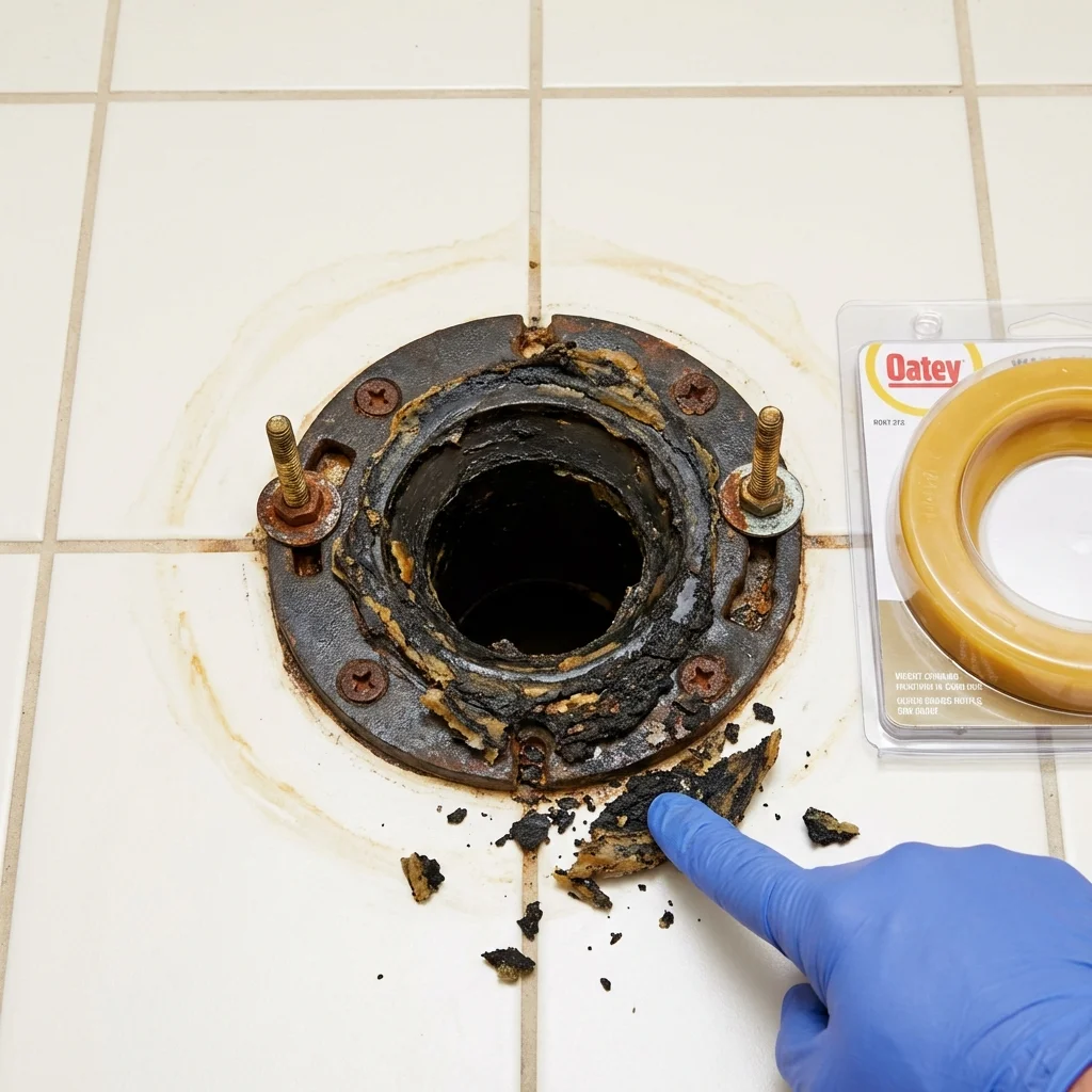 Failed wax ring showing water seepage at the base of a toilet in a Bowdon, GA home