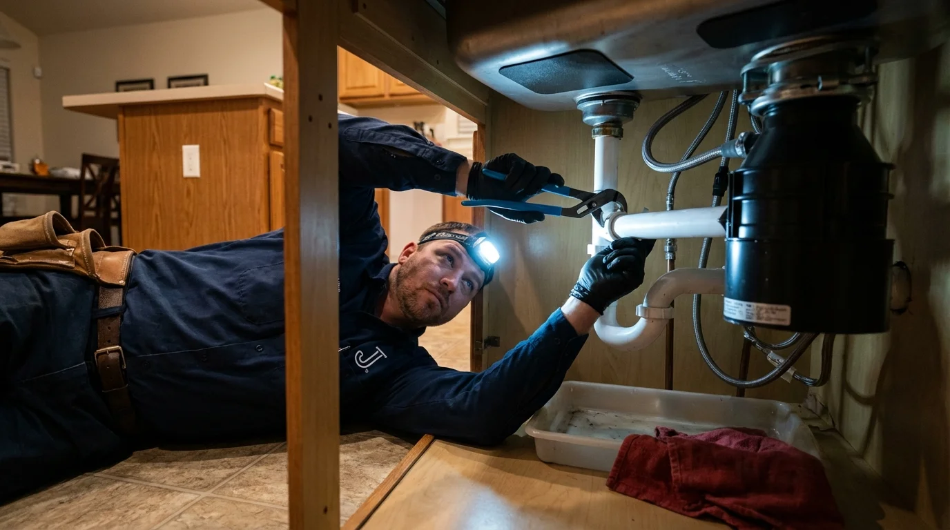 P-trap and supply line connections under a kitchen sink showing a common leak point in Bowdon, GA